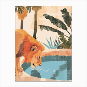 African Lion Drinking From A Watering Hole Illustration 2 Canvas Print