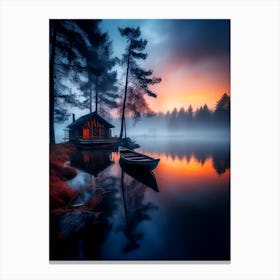 Misty Lake At Sunrise Canvas Print