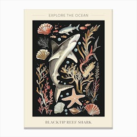 Blacktip Reef Shark Seascape Black Background Illustration 2 Poster Canvas Print