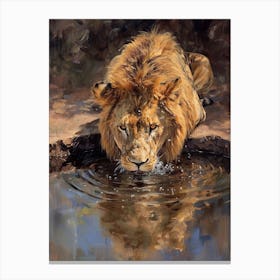 African Lion Drinking From A Watering Hole Acrylic Painting 2 Canvas Print