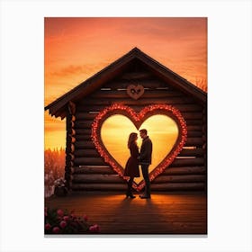 Valentines Day Theme Couple Silhouette Against A Backdrop Of A Rustic Wooden Cabin Heart Shapes C 2 Canvas Print