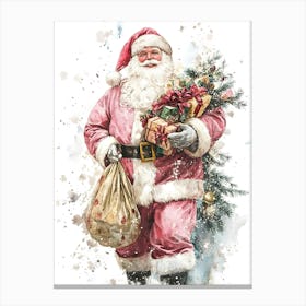 Santa Claus With Gifts Watercolor Painting Canvas Print