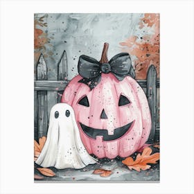 Pink pumpkin with ghost halloween art Canvas Print