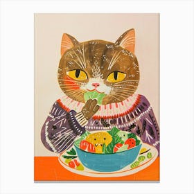 Cute Brown Cat Eating Salad Folk Illustration 1 Canvas Print