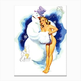 Big Snowman Is warming up Pinup Girl, Funny Holiday Poster Canvas Print