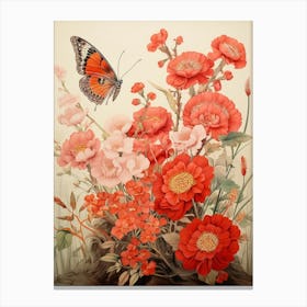 Japanese Style Painting Of A Butterfly With Flowers 3 Canvas Print