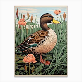Vintage Bird Linocut Mallard Duck 1 Canvas Print