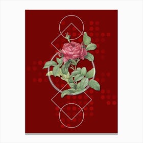 Vintage Red Gallic Rose Botanical with Geometric Line Motif and Dot Pattern Canvas Print