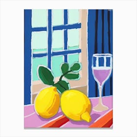 Painting Of A Lemons And Wine, Frenchch Riviera View, Checkered Cloth, Matisse Style 0 Canvas Print