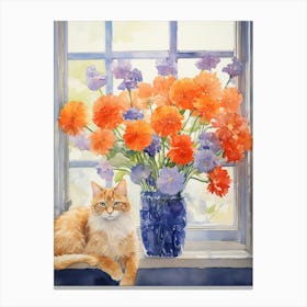 Cat With Anemone Flowers Watercolor Mothers Day Valentines 1 Canvas Print