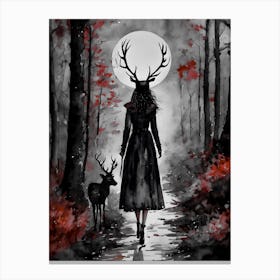 Guardian Witch of the Darkling Woods ~ Witchy Gothic Deer Forest Spooky Fairytale Watercolour  Canvas Print