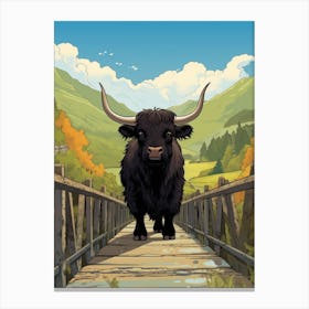 Animated Black Bull Crossing A Wooden Bridge 1 Canvas Print
