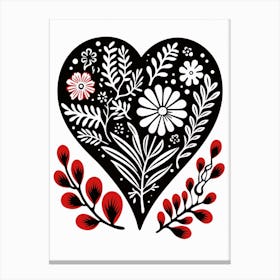 Folky Heart Linocut Style Black Red & White 4 Canvas Print