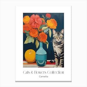 Cats & Flowers Collection Camellia Flower Vase And A Cat, A Painting In The Style Of Matisse 3 Canvas Print