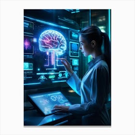 Ai Identity Verification System Featuring Neural Interface Fluorescent Streams Of Data Flowing From 2 1 Canvas Print