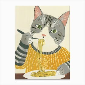 Grey White Cat Eating Pasta Folk Illustration 1 Canvas Print