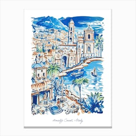 Amalfi Coast Illustration Line Art Italy Travel Blue Canvas Print