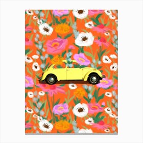 Floral Vintage Yellow Car Canvas Print