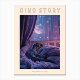 Toy Lilac Dinosaur Snoozing In Bed Poster Canvas Print