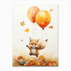 Red Fox Flying With Autumn Fall Pumpkins And Balloons Watercolour Nursery 1 Canvas Print