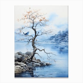 Lake Biwa In Shiga, Japanese Brush Painting, Ukiyo E, Minimal 3 Canvas Print