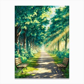 Anime Canvas Art: Sunlit Forest Pathway with Wooden Benches, Lush Trees, and Glowing Light, Perfect for Lofi Aesthetic and Nature Art Lovers. Canvas Print