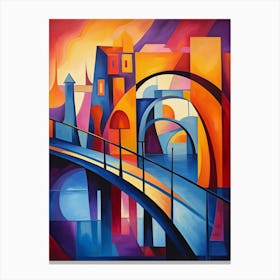 Bridges at Sunset II, Colorful Abstract Painting in Picasso Cubism Style Canvas Print