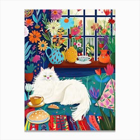 Tea Time With A White Fluffy Cat 1 Canvas Print