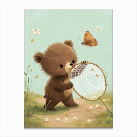 Brown Bear Cub Playing With A Butterfly Net Storybook Illustration 3 Canvas Print
