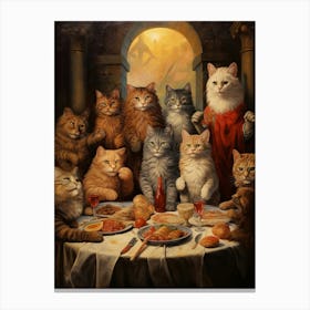 Medieval Cats Dining Around A Circle Table In A Monestary Canvas Print