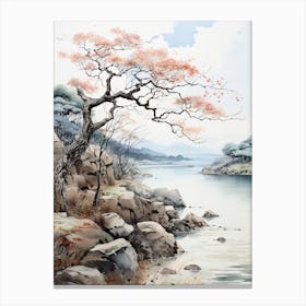 Amanohashidate In Kyoto, Japanese Brush Painting, Ukiyo E, Minimal 4 Canvas Print