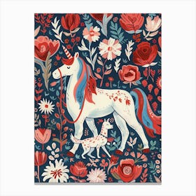Unicorn & A Dog Blue And Red Floral Canvas Print