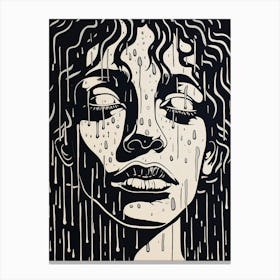 Black & White Linocut Inspired Face In The Rain 4 Canvas Print