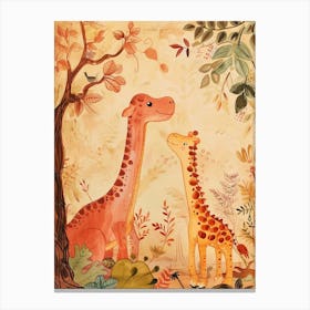 Dinosaur & Giraffe Friends Storybook Style Canvas Print