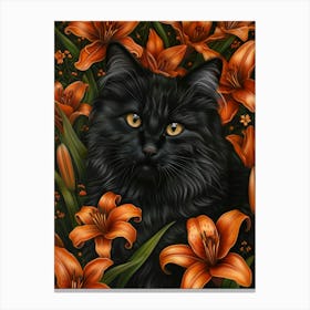 Black Cat With Orange Lilies Canvas Print