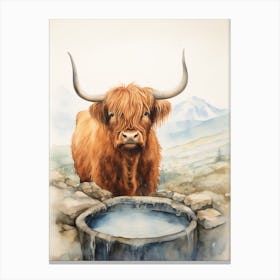 Highland Cow Drinking Water From Trough 2 Canvas Print