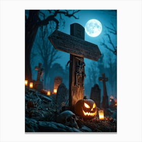 A Wooden Signboard Bathed In An Eerie Glow From A Full Moon Looming Ominously Above A Desolate Cem (6) Canvas Print