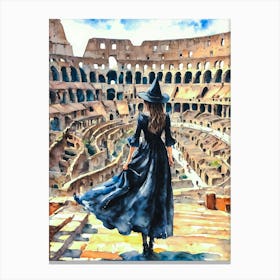 The Witch in Rome ~ A Witch Travels to the Colosseum - Ancient World Monument, Witchy Watercolor Artwork by Lyra the Lavender Witch - Pagan Fairytale Magical Art for Wicca, Wheel of the Year Gallery Wall Canvas Print