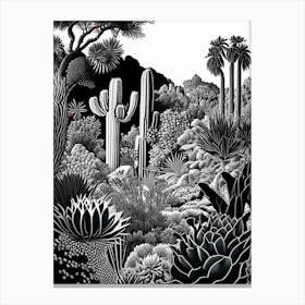 Desert Botanical Garden, Usa Linocut Black And White Vintage Canvas Print