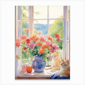 Cat With Sweet Pea Flowers Watercolor Mothers Day Valentines 2 Canvas Print