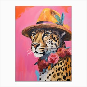 Quirky Pink Leopard With Hat Canvas Print