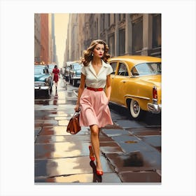 New York Middle 20th Century Walking Girl Retro Cars 1 Canvas Print