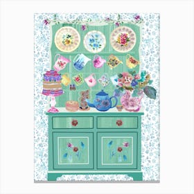 Grandmas's Kitchen Dresser With Cake And Flowers Canvas Print