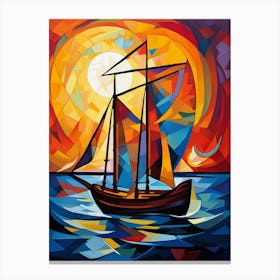 Sailing Boat at Sunset III, Avant Garde Vibrant Colorful Painting in Cubism Picasso Style Canvas Print