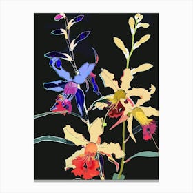 Neon Flowers On Black Aconitum 3 Canvas Print