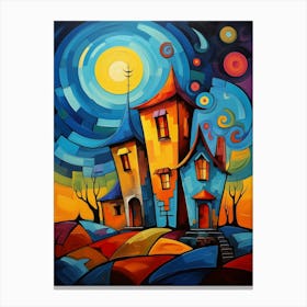 Fairytale House at Night 4, Abstract Vibrant Colorful Cubism Style Canvas Print