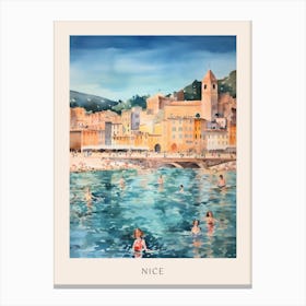 Swimming In Nice France Watercolour Poster Canvas Print