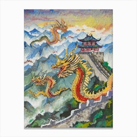 Mythical Chinese Dragons Flying Over The Great Wall Of China Canvas Print
