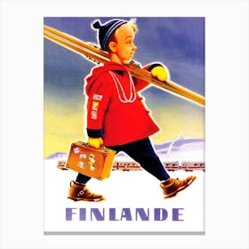 Finland in Winter, Boy With Ski Gears Canvas Print