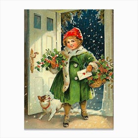 Little Girl With Presents At A Christmas Eve Canvas Print